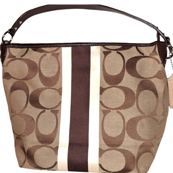 COACH Bag Signature Hamptons Weekender Brown Stripe Jacquard Canvas Shoulder EUC - Picture 2 of 15